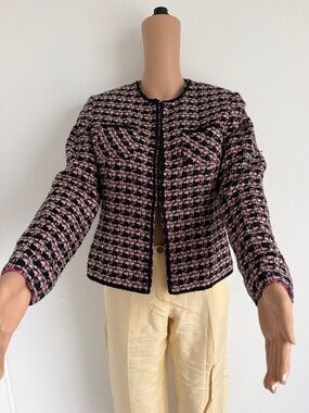Y2k Vintage Russell Kemp Pink & Black Tweed Boxy Collarless Blazer